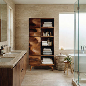 Sculpted Wood Bathroom Cabinet With Wavy Doors For Spa Decor