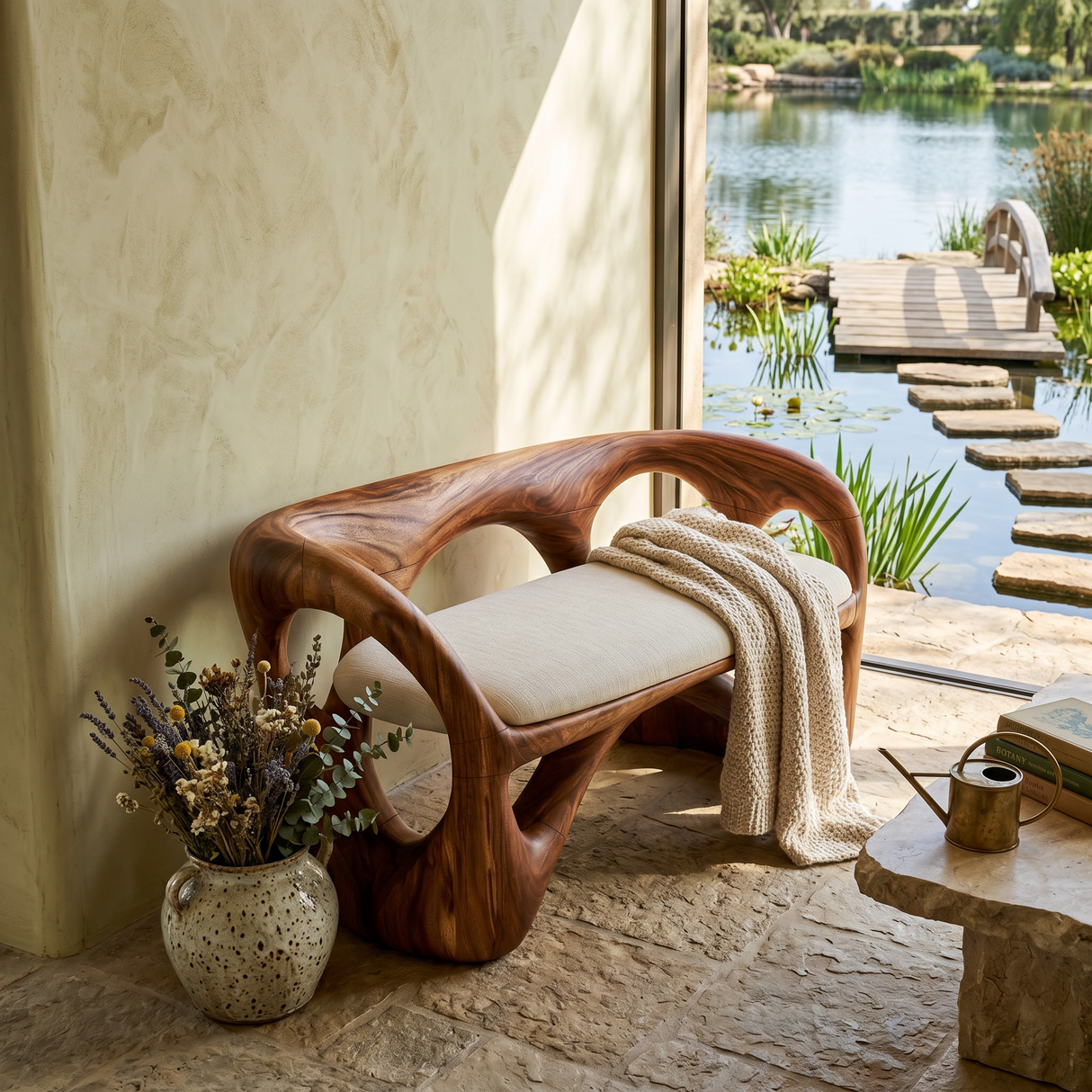 Organic Wooden Bench Contemporary Sunroom