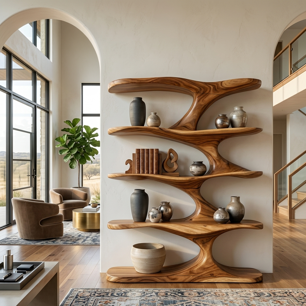 Natural Wood Bookshelf With Decorative Open Shelving For Living Room