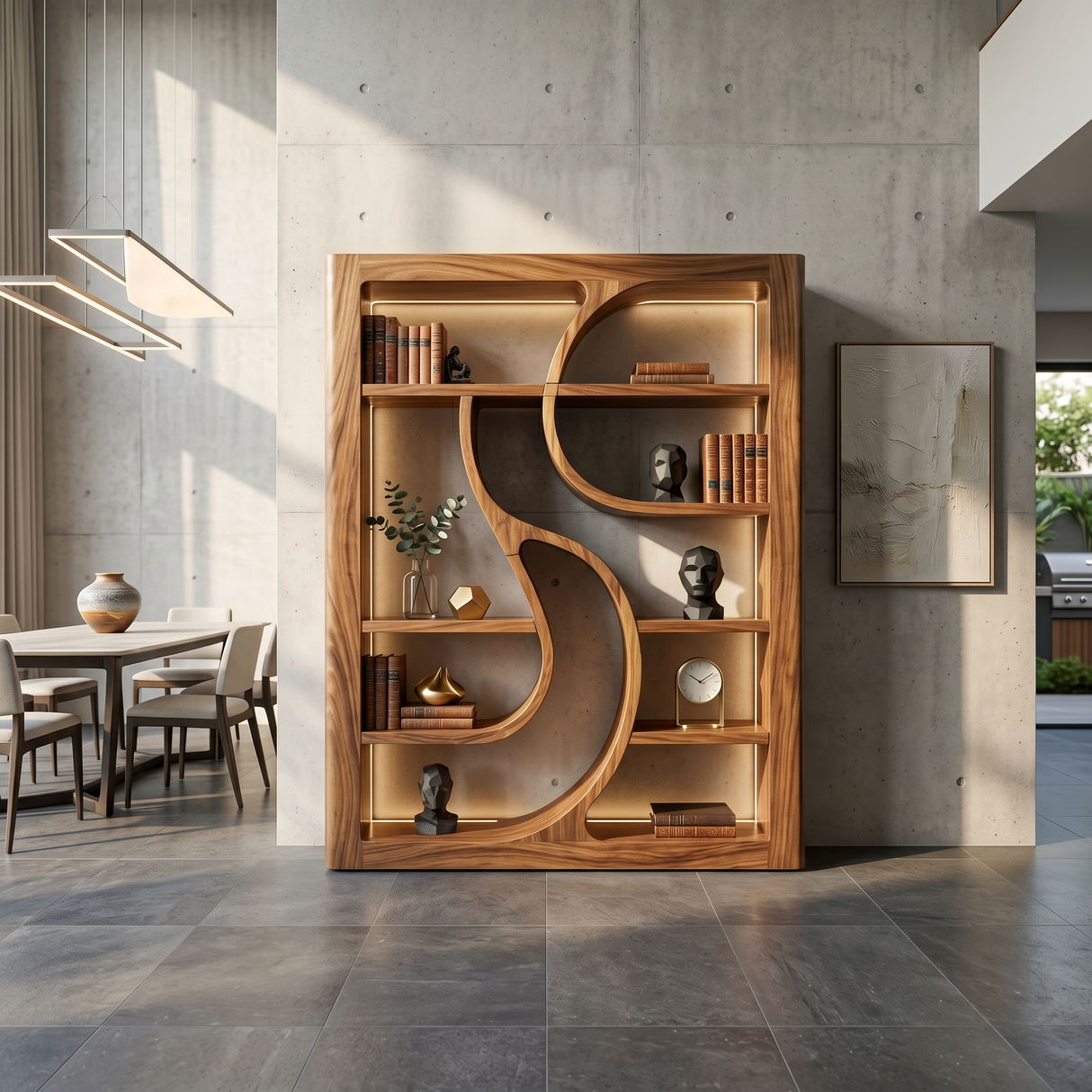 Luxury Wooden Bookshelf Featuring Ambient LED Shelving