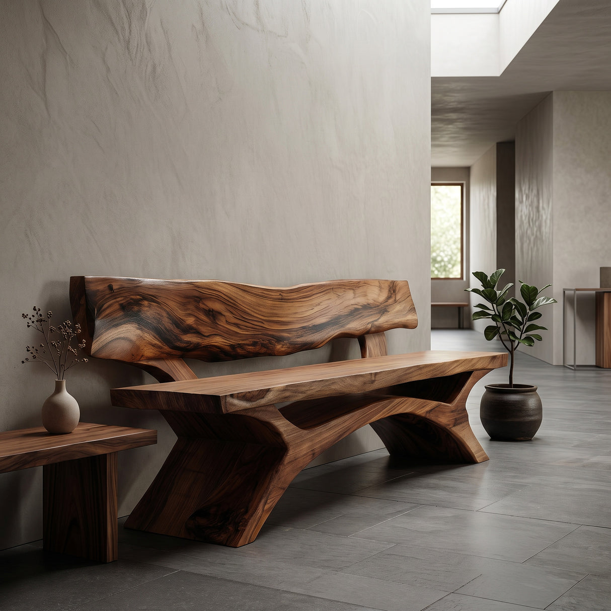 Contemporary Wooden Bench With Live Edge Backrest For Living Room