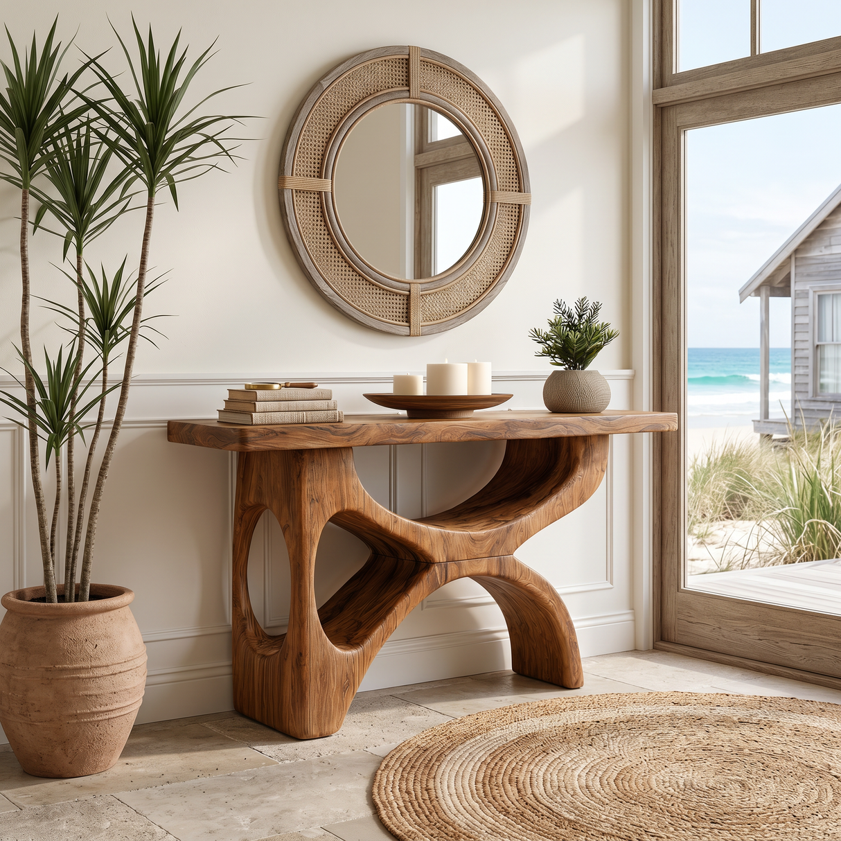 Modern Wooden Console Table With Sculptural Base For Living Decor