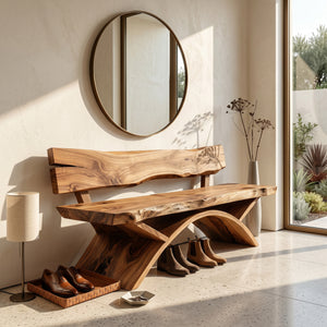 Organic Live Edge Bench With Sculptural Base For Entryway