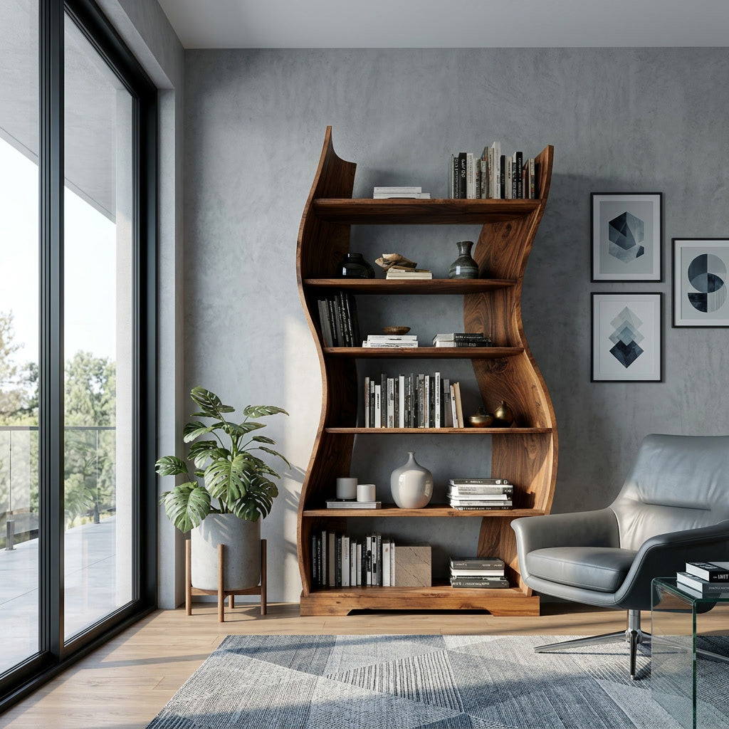 Contemporary Flowing Wooden Bookshelf For Living Room