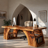 Contemporary Wooden Desk With Open Shelving For Home Office