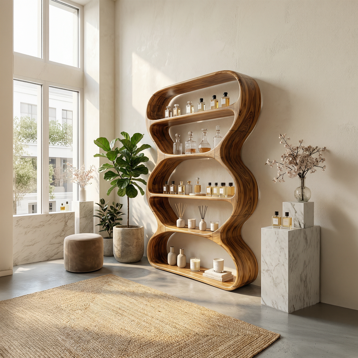 Contemporary Curved Bookshelf Living Room Display