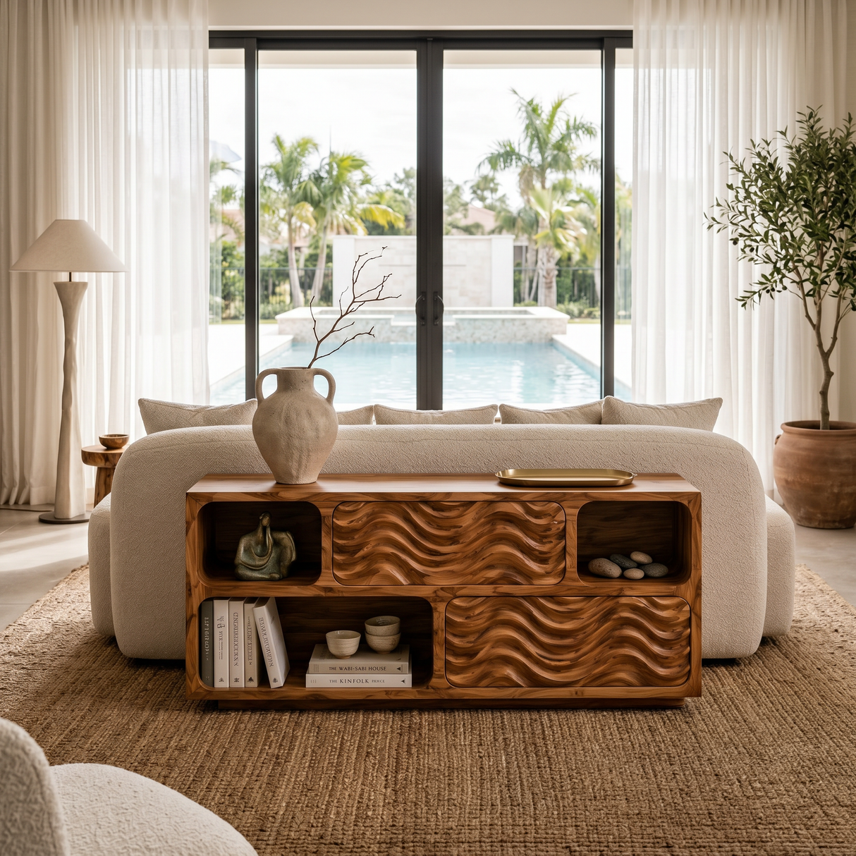 Modern Console Table With Carved Doors And Open Shelves For Entryway