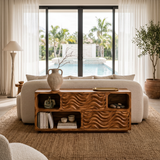Modern Console Table With Carved Doors And Open Shelves For Entryway