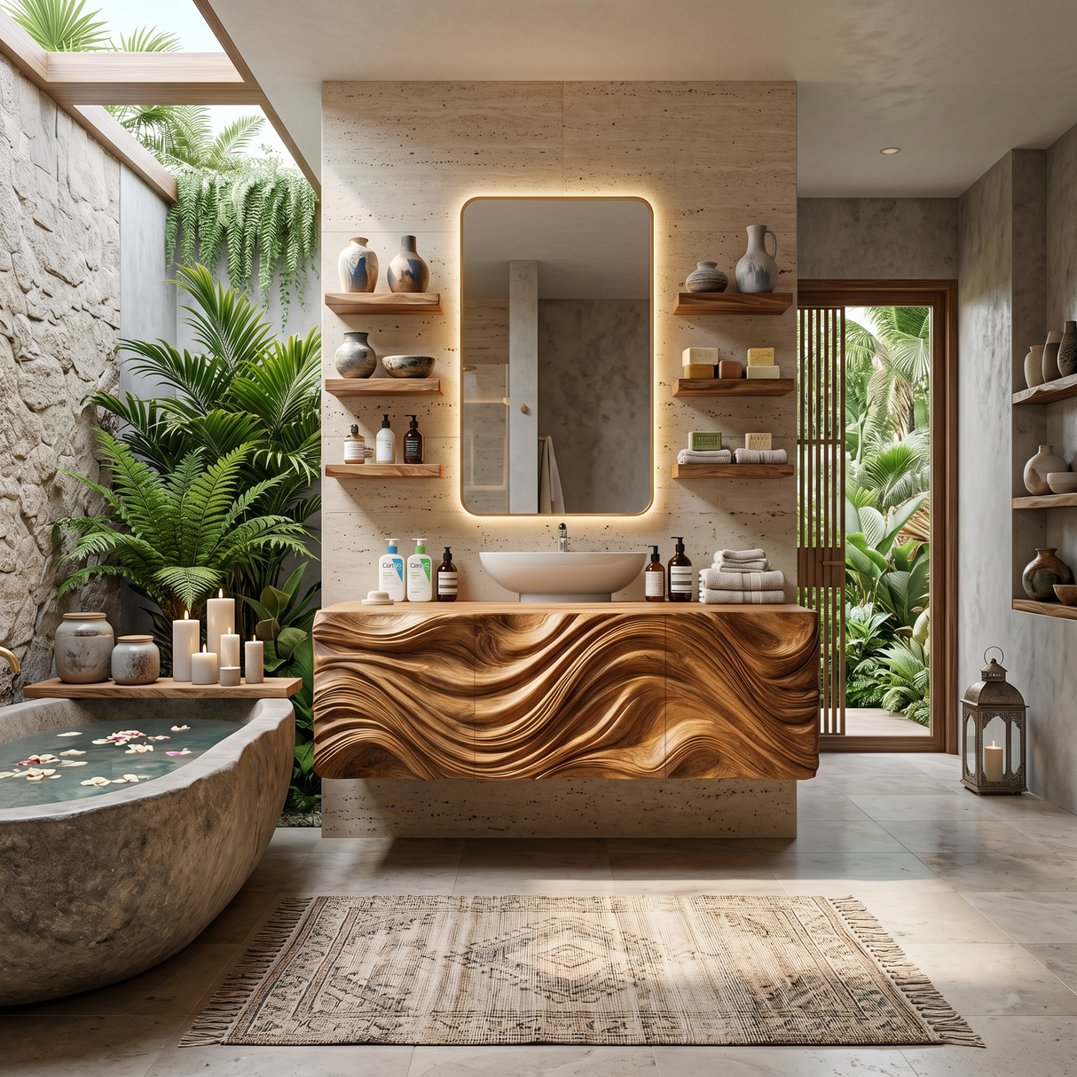 Modern Bathroom Vanity With Ocean Wave Carved Wood Cabinet For Home