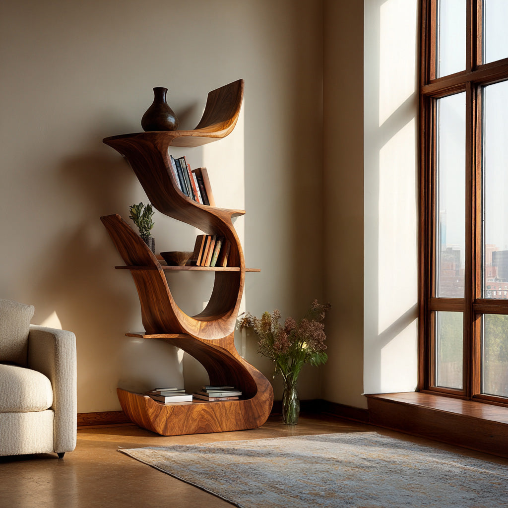 Contemporary Organic Wooden Bookshelf For Living Room Corner