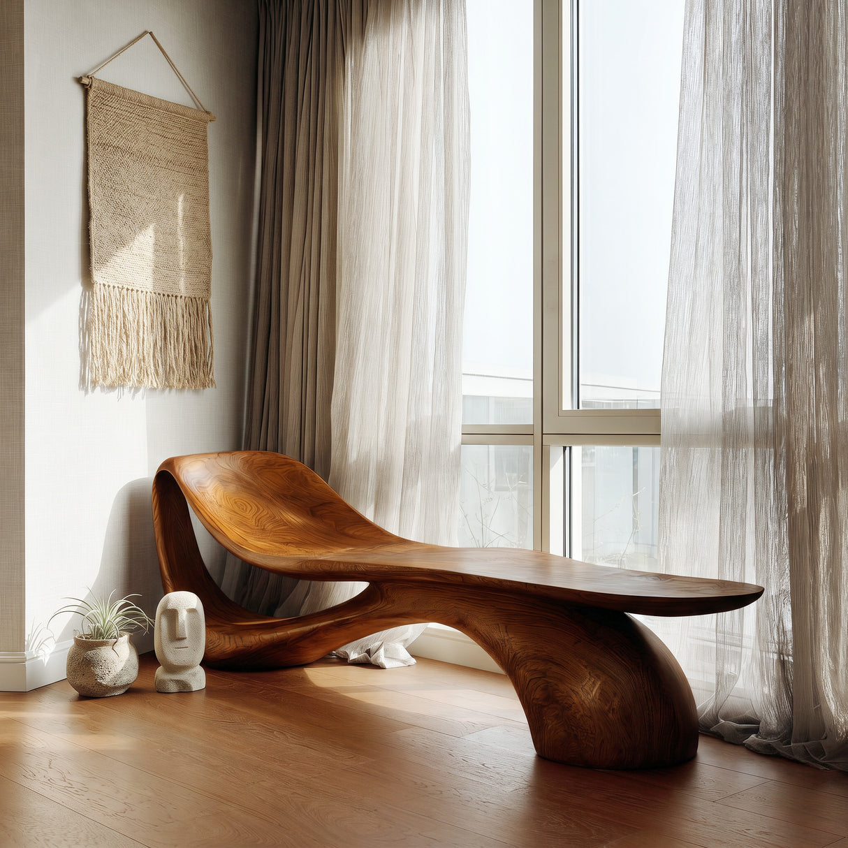Modern Wooden Bench With Curved Sculptural For Living Decor