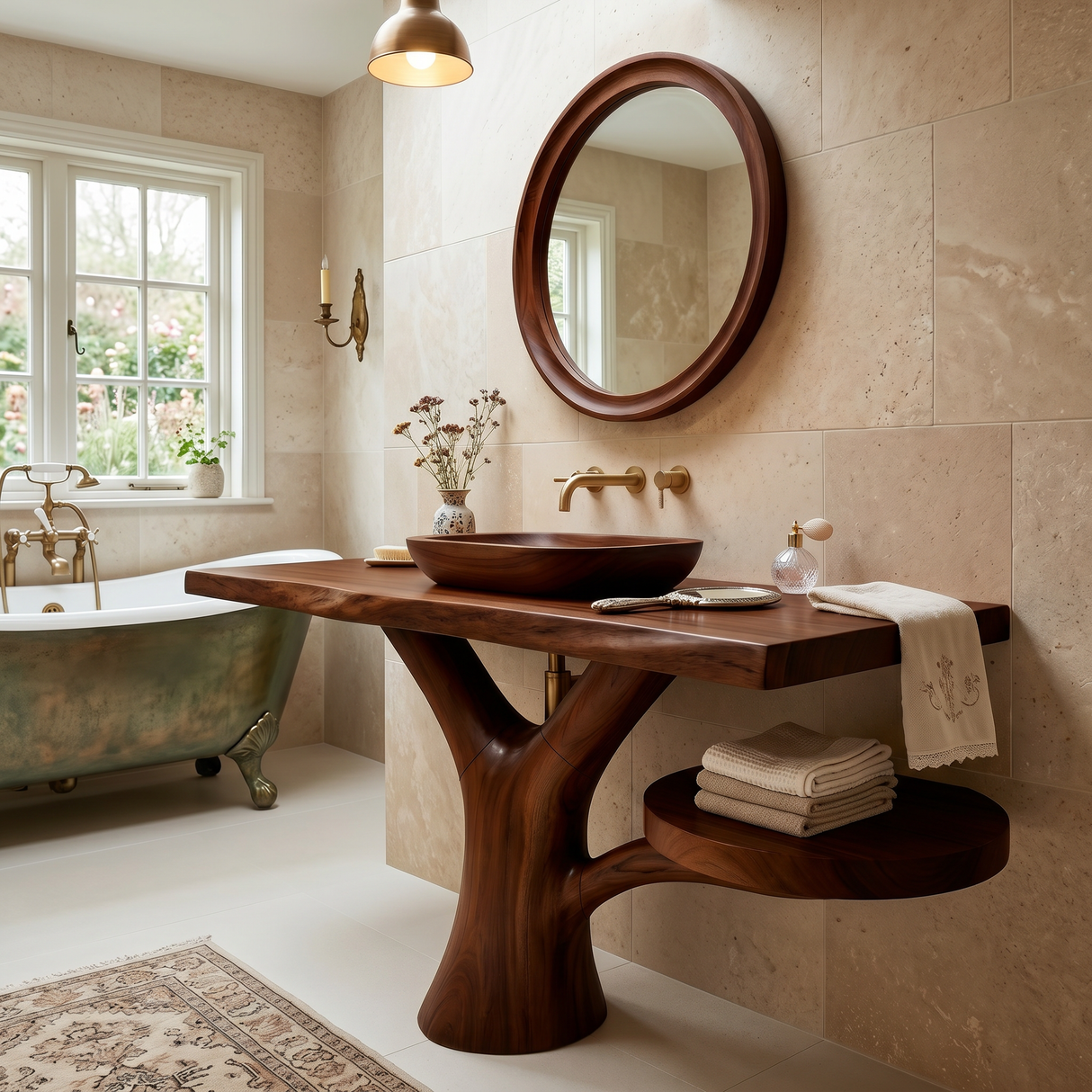 Sculptural Wood Sink Cabinet For Tropical Powder Room