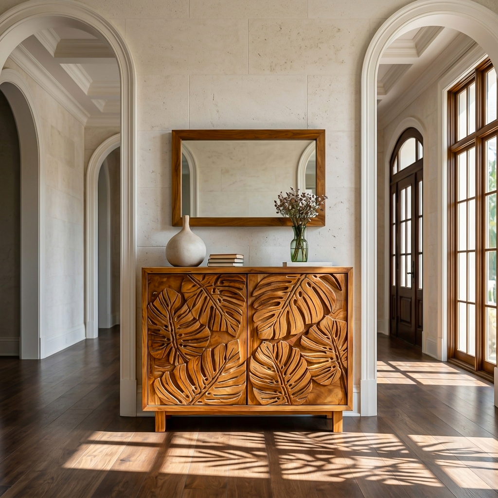 Modern Wooden Sideboard With Leaf Carved Doors For Home