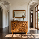 Modern Wooden Sideboard With Leaf Carved Doors For Home