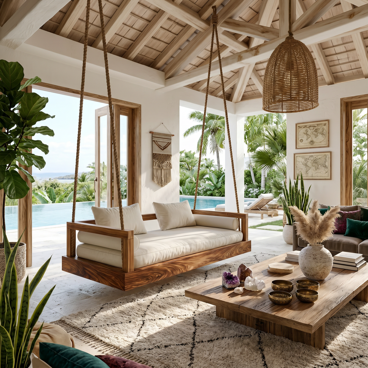Modern Luxury Wooden Hanging Sofa Swing Contemporary Residence