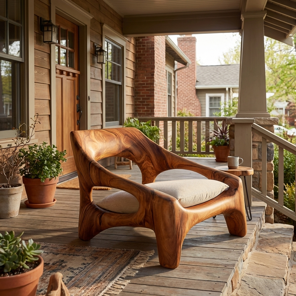 Contemporary Sculptural Wooden Chair For Outdoor Porch