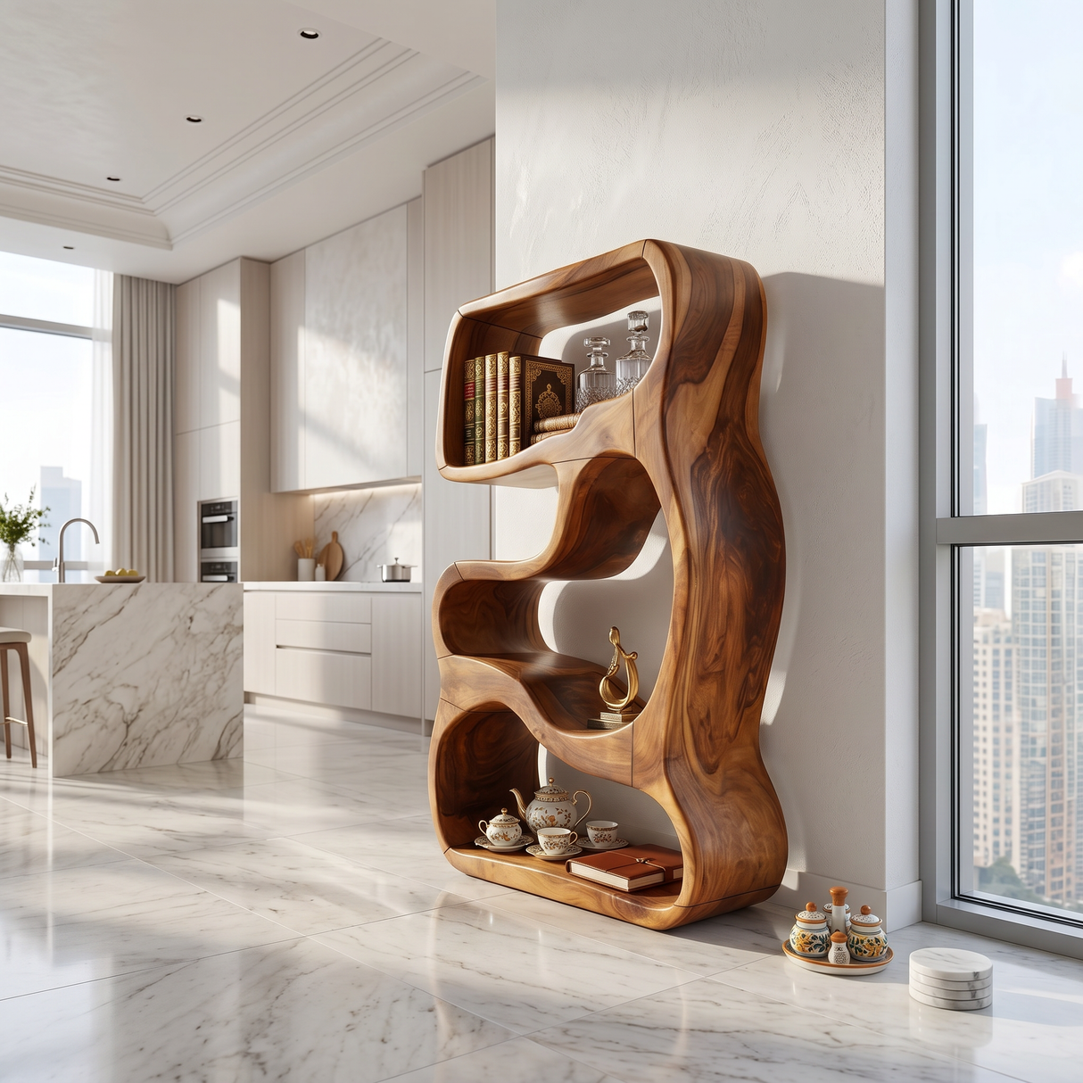 Minimalist Wooden Bookshelf Featuring Curved Side Panels