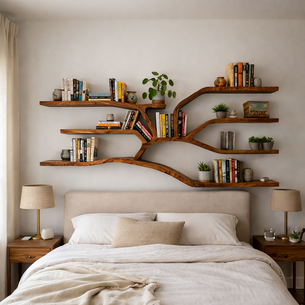 Handcrafted Sculptural Wooden Bookshelf For Living Room Decor