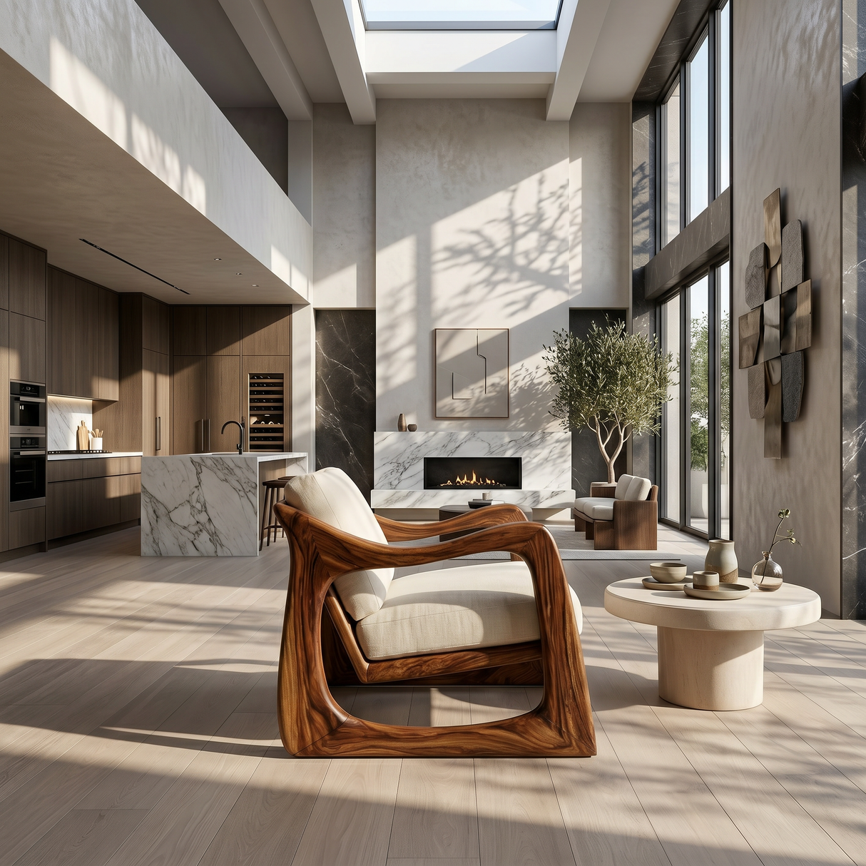 Coastal Luxury Accent Chair with Sculptural Wooden Craftsmanship