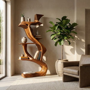 Sculptural Natural Wood Bookshelf For Living Room