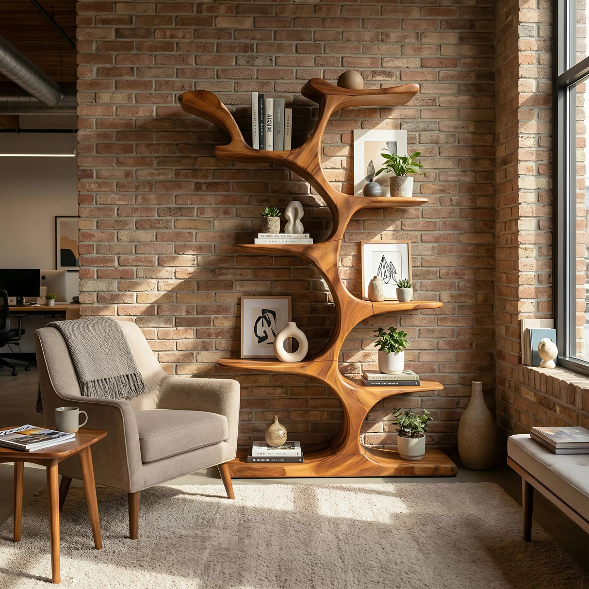 Mid Century Sculptural Bookcase Storage Organizer For Bedroom Space