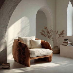 Organic Wooden Armchair With Rounded Frame For Luxury Living Room