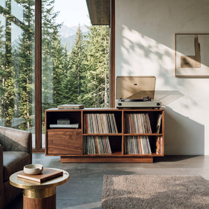 Elegant Vinyl Record Cabinet With Open Compartments For Living Room