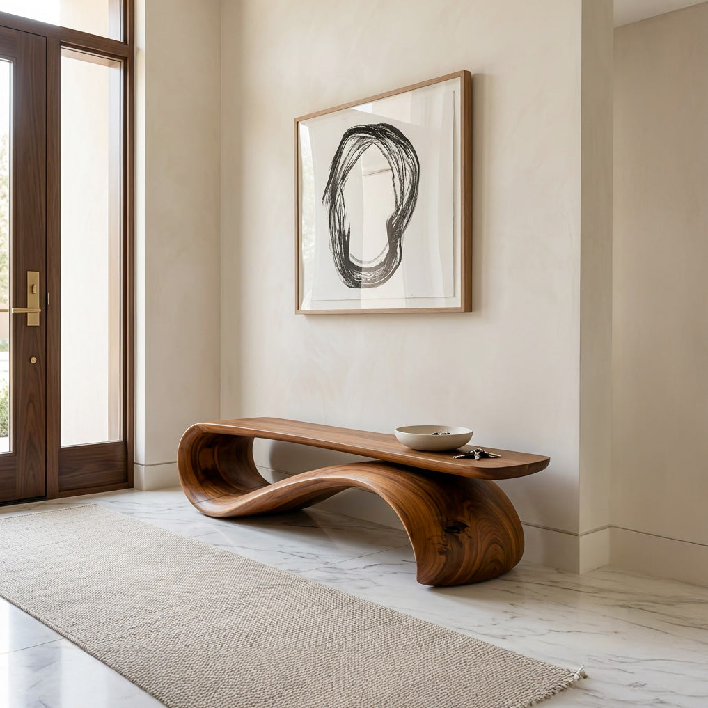 Modern Sculptural Wood Bench For Hallway Accent Decor