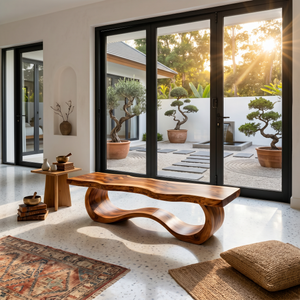 Modern Live Edge Wave Bench For Patio Interior Area