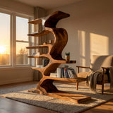 Organic Sculptural Wooden Bookshelf With Tiers For Living Room