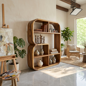 Modern Curved Wooden Bookshelf In Coastal Style