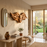 Organic Wood Wall Clock With Wave Sculpture For Living Interior
