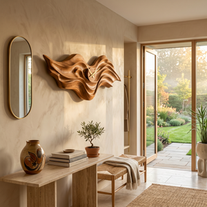 Organic Wood Wall Clock With Wave Sculpture For Living Interior