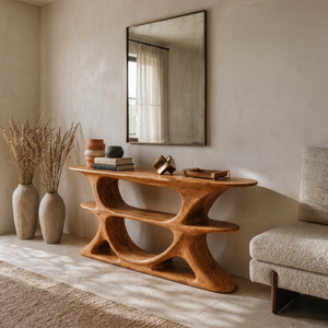 Organic Console Table With Multi Level Cutout Shelves For Living