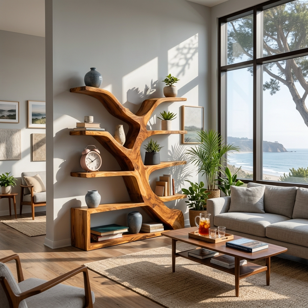 Organic Wooden Bookshelf Branch Form For Home Interior