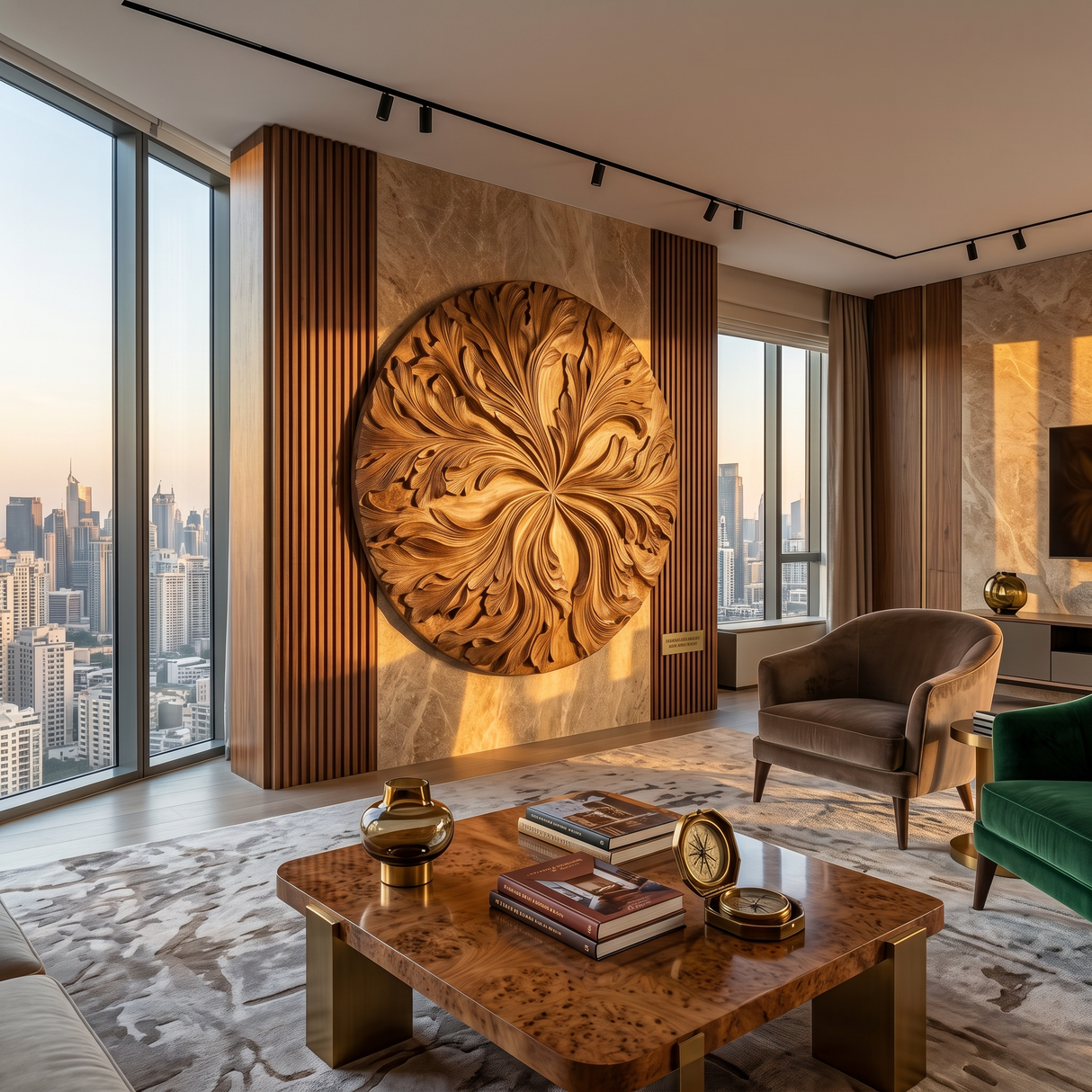 Round Wood Wall Decor With Floral Texture For Foyer