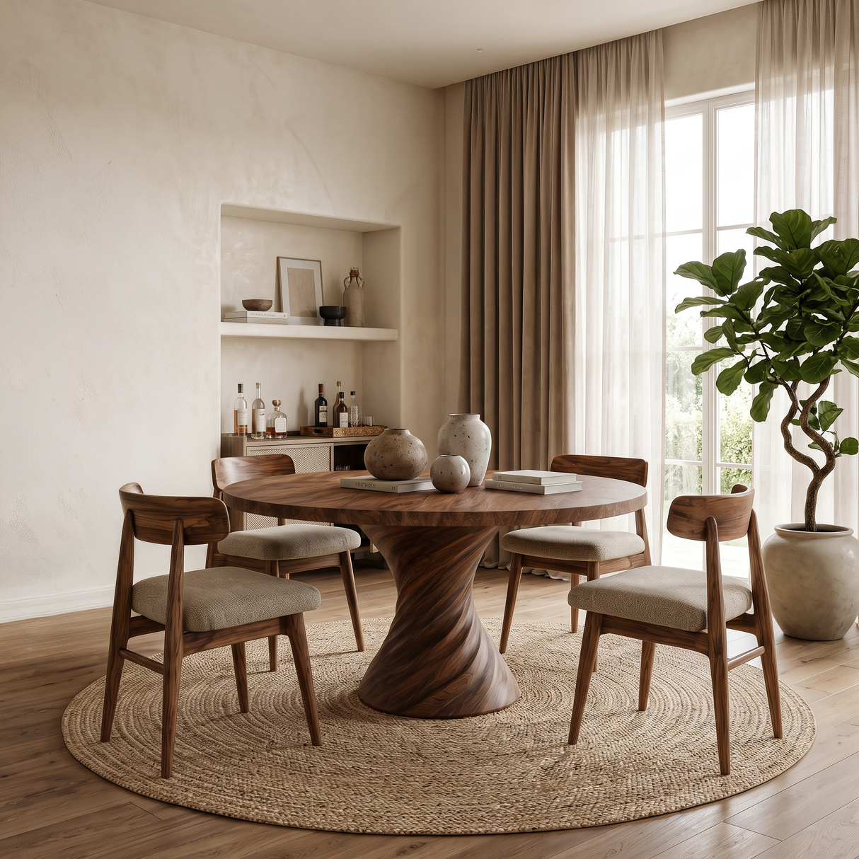 Modern Round Dining Table With Statement Spiral Pedestal For Home