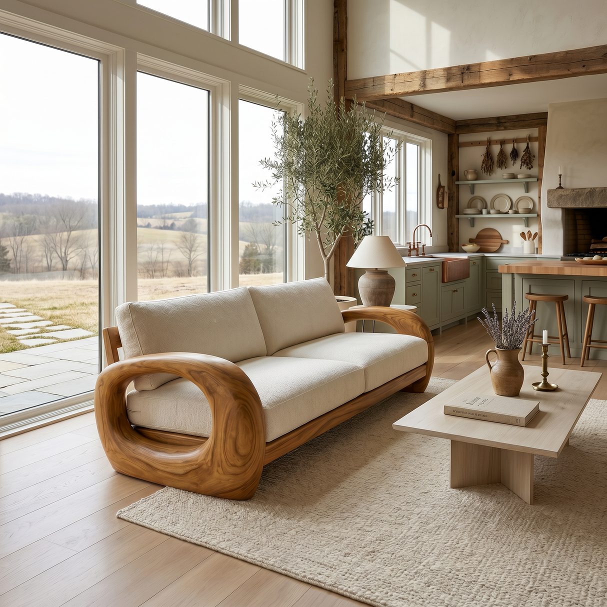 Modern Sculptural Wooden Sofa For Living Room