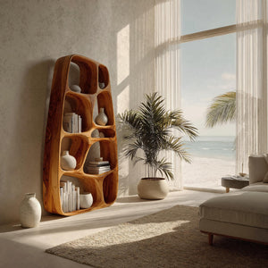 Handcrafted Wooden Sculptural Bookshelf For Living Room