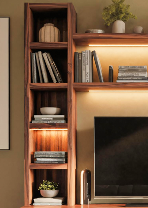 Modern TV Stand With Bookshelf And Lighting For Living Room