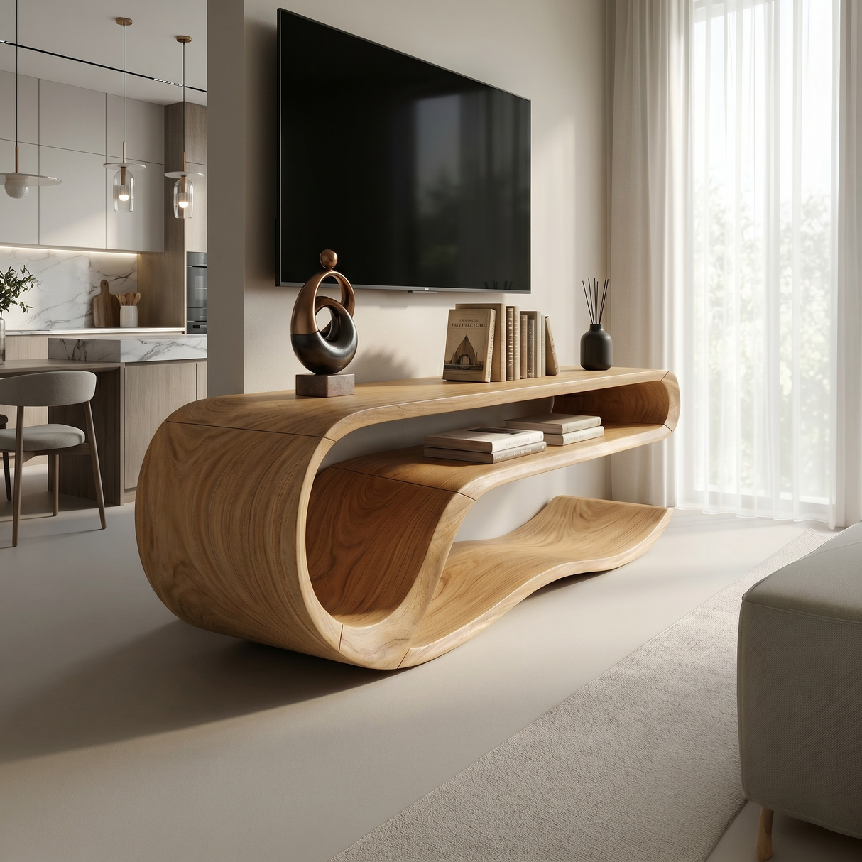 Organic Curved Media Console For Lake House Living Room