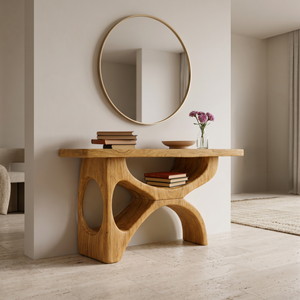 Modern Wooden Console Table With Sculptural Base For Living Decor