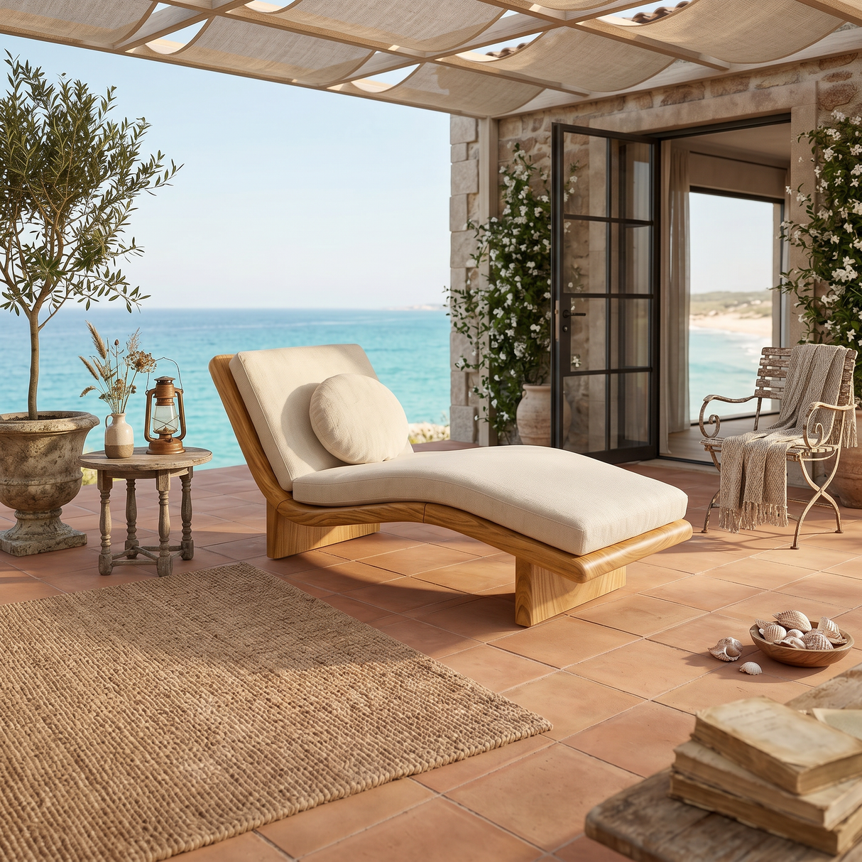 Minimalist Walnut Chaise Lounge Serene Coastal Retreat Living Space