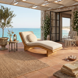 Minimalist Walnut Chaise Lounge Serene Coastal Retreat Living Space