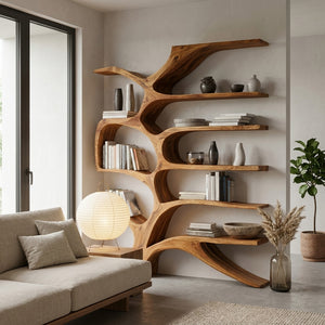 Contemporary Sculpted Wooden Bookshelf For Living Room Decor