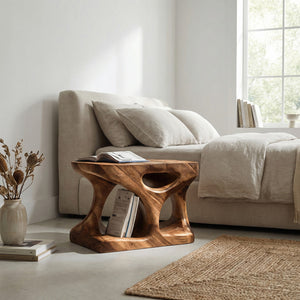 Scandinavian Solid Wood End Table With Minimal Curves And Open Shelf For Living Room