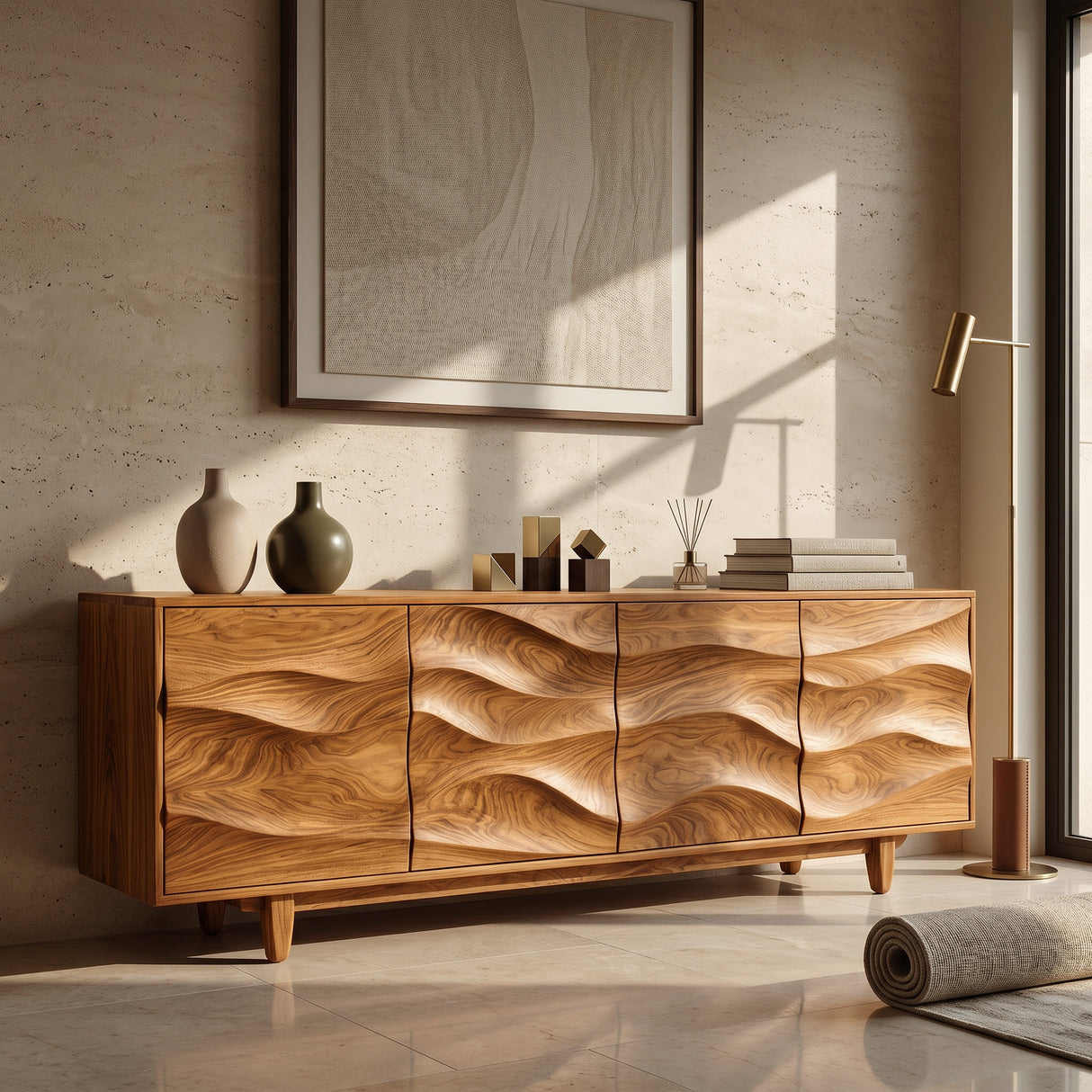 Rustic Wooden Sideboard With Undulating Doors For Living Room