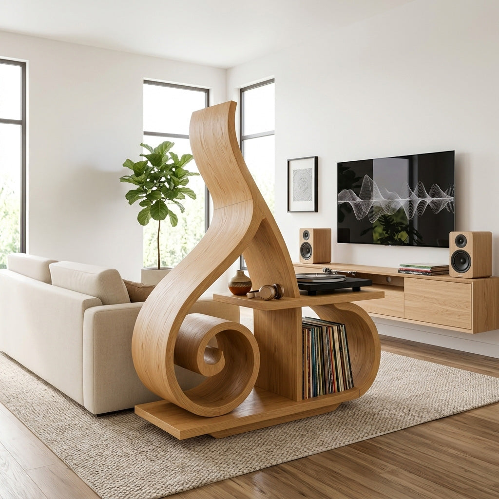 Contemporary Sculptural Wooden Record Player Stand For Living Room