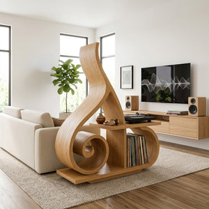 Contemporary Sculptural Wooden Record Player Stand For Living Room
