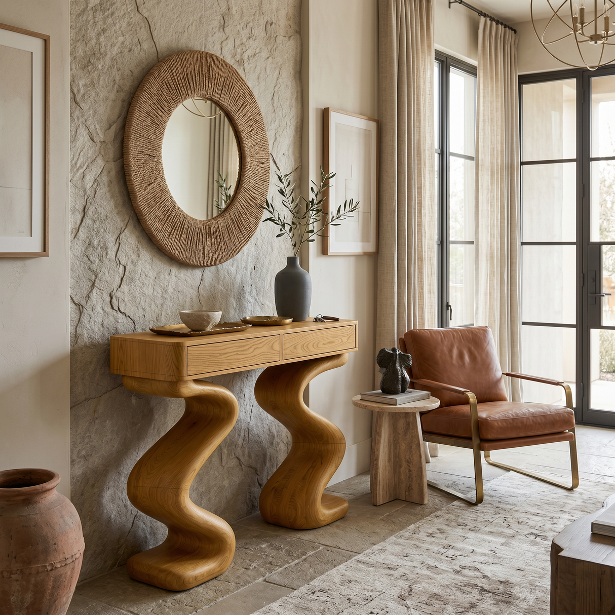 Contemporary Wood Console Table With Undulating Double Base For Home